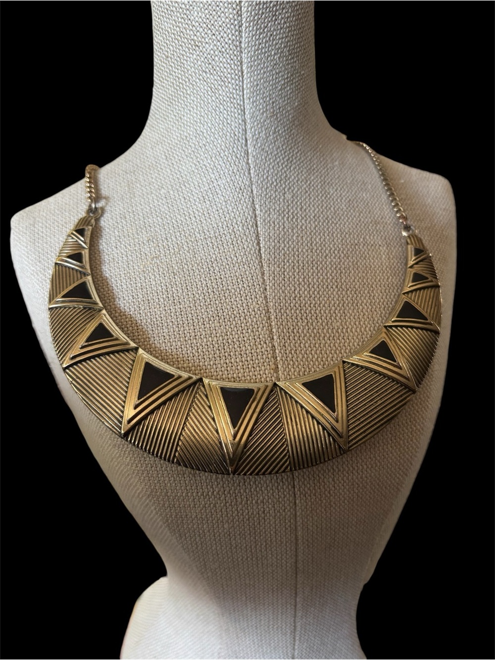 Vintage 1980s Gold & Black Enamel Geometric Collar Necklace - Art Deco Revival